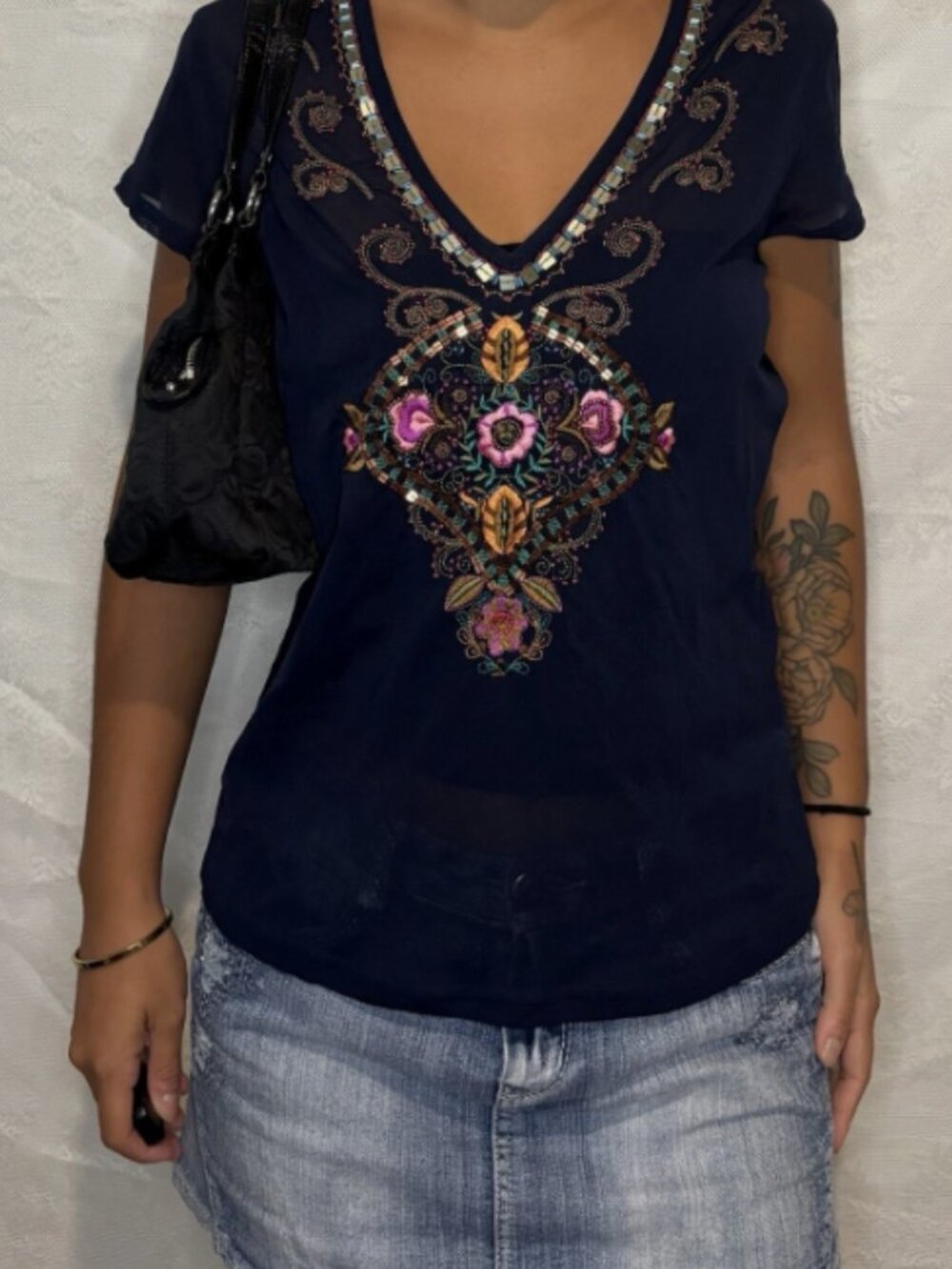 Express Navy sheer Short Sleeve with beaded Embroidery